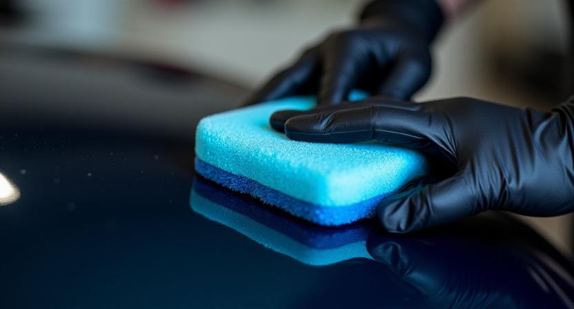 Professional car detailer applying ceramic coating to a black car hood