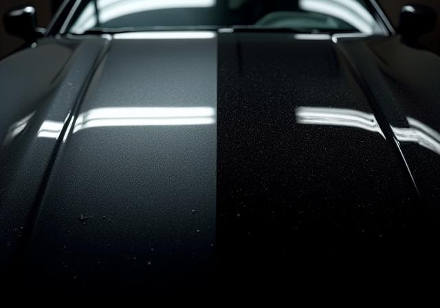 Close up before and after machine paint correction on a black car hood
