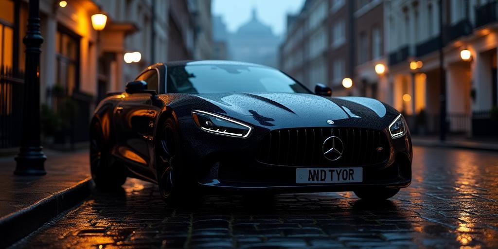 Luxury car driving through a misty London street in winter