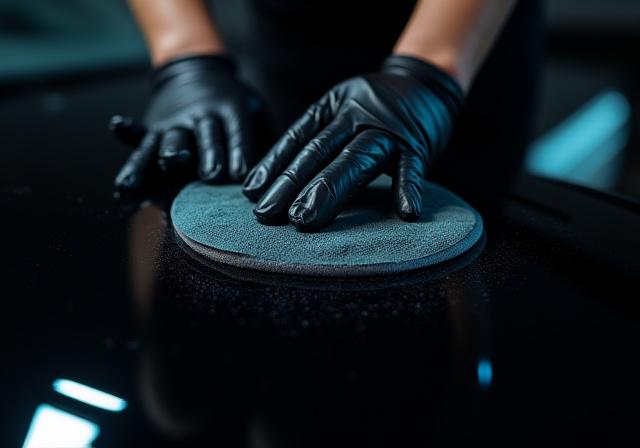 Professional detailer applying ceramic coating to a black SUV in a workshop